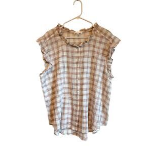 Daily Thread Button Up Short Ruffle Sleeve Shirt Tan Plaid Sheer Large Cottage